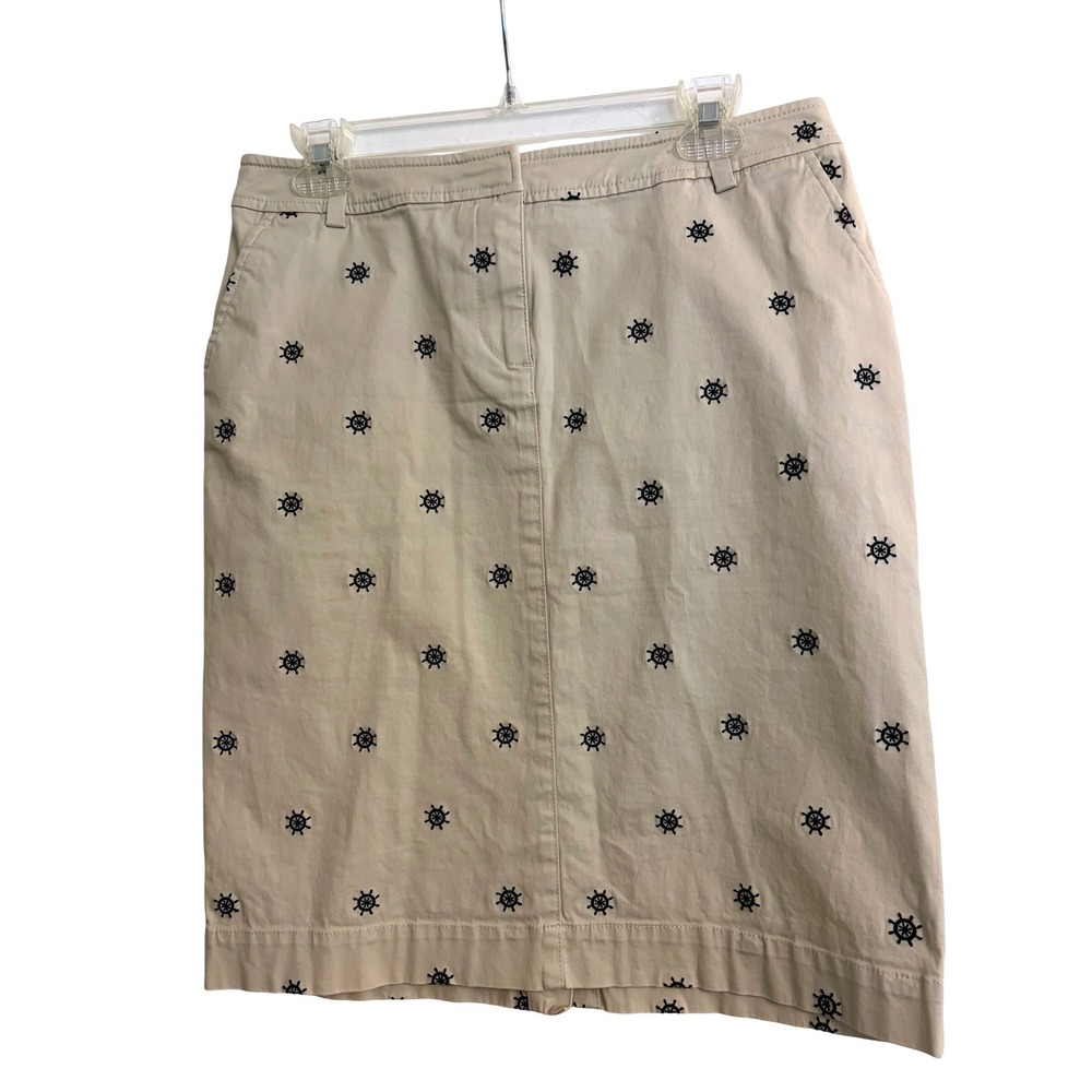 Talbots Pencil Skirt 4 Khaki Nautical, Ship, Wheel, Embroidered, Chino, Coastal